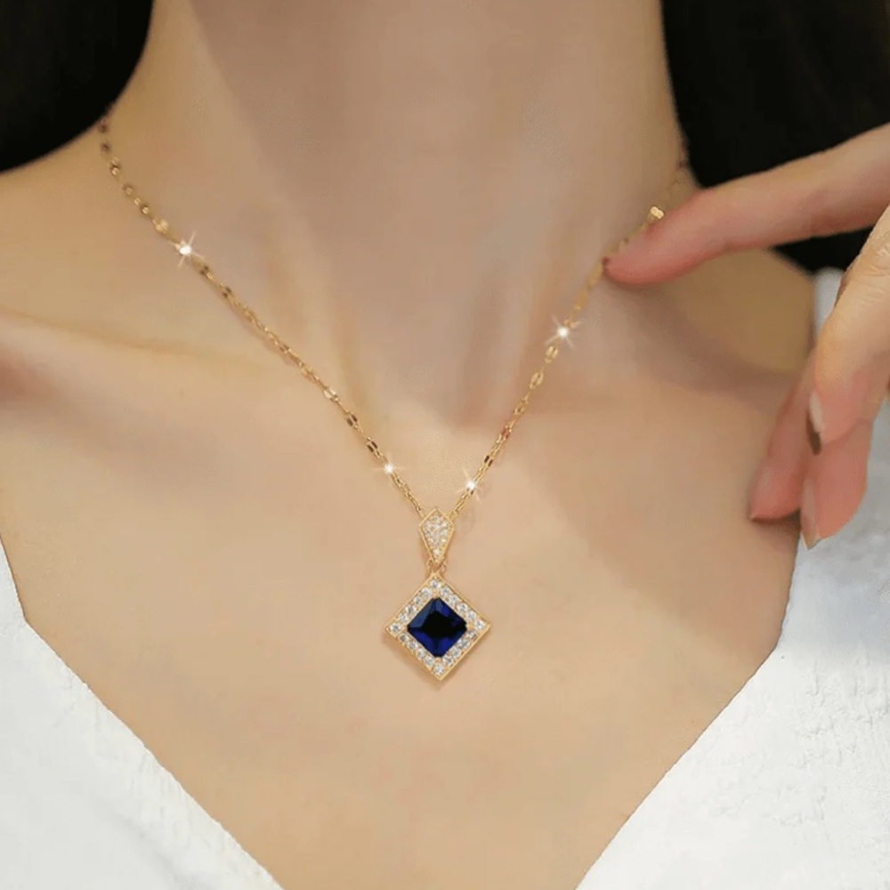 Anthropologie Vintage Square Gold and Blue Pendant Necklace - Picture 5 of 8